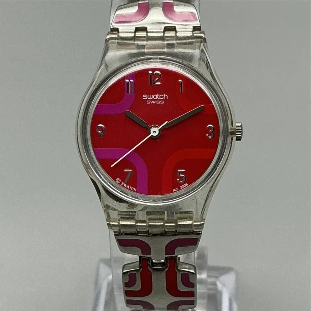 Swatch Vida Circular Womens Watch 25mm Red Dial Pink Enamel Swiss New Battery
